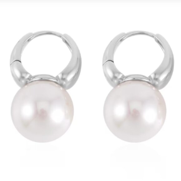 White Shell Pearl Earrings in Silvertone - Picture 3 of 4